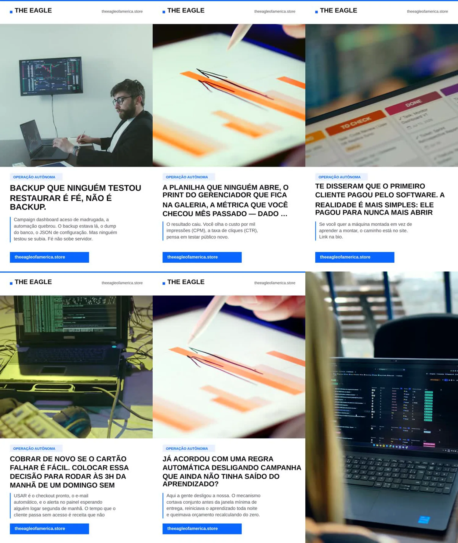 Seis peças de conteúdo publicadas pela farm do The Eagle, com a marca, o título e o texto de cada uma
