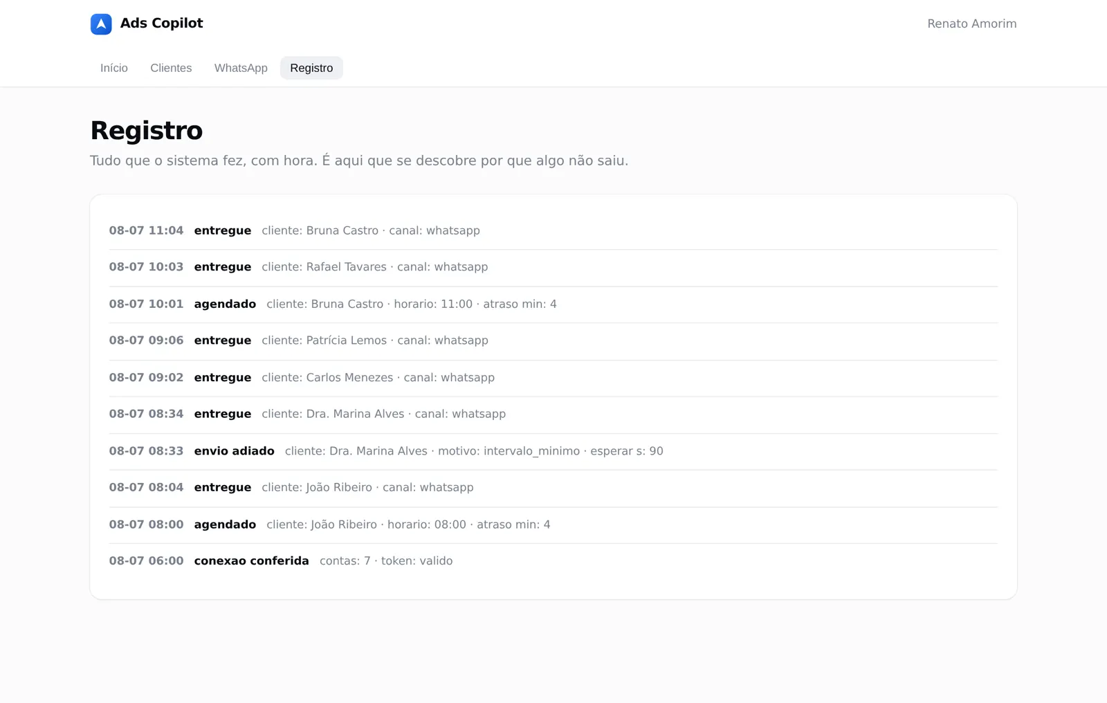 Registro de eventos do sistema com hora e motivo