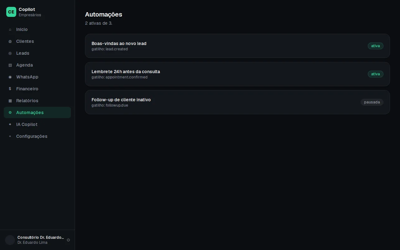 Aba de automações com as regras ativas