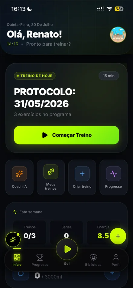 Tela inicial do Vortexx com o treino do dia